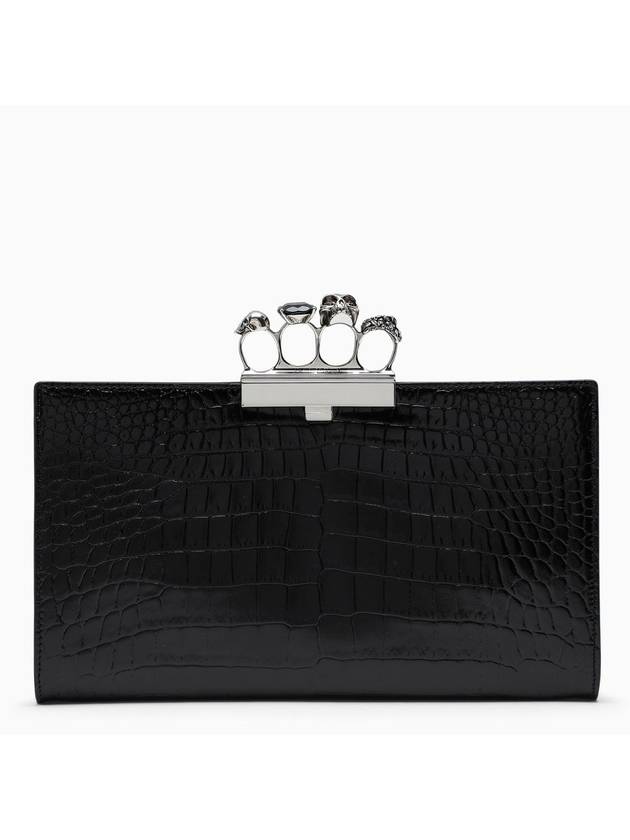 Silver Skull Four Ring Crocodile Leather Clutch Bag Black - ALEXANDER MCQUEEN - BALAAN 1