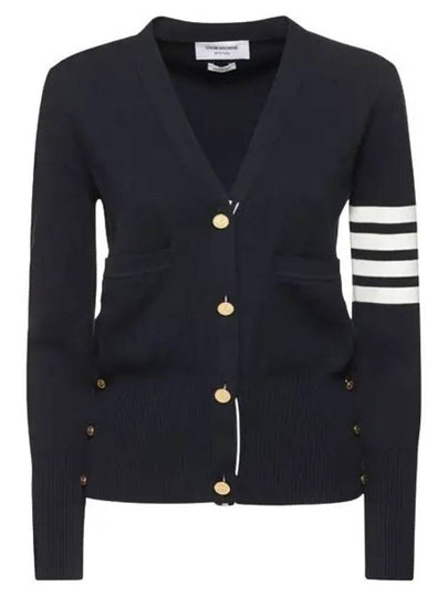 Milano Stitch 4 Bar Classic V Neck Fine Merino Wool Cardigan Navy - THOM BROWNE - BALAAN 2