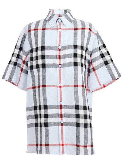 Men's Checked Linen Short Sleeve Shirt Pale Blue - BURBERRY - BALAAN 2