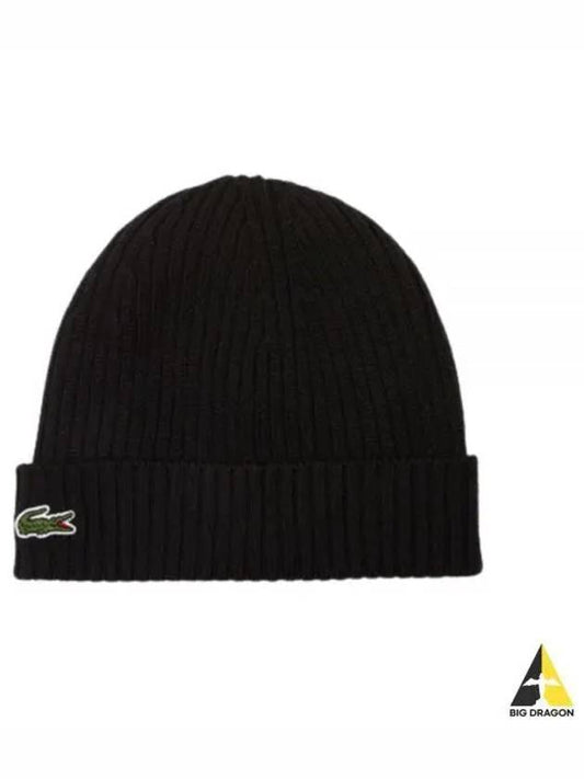 Ribbed Wool Beanie Black - LACOSTE - BALAAN 2