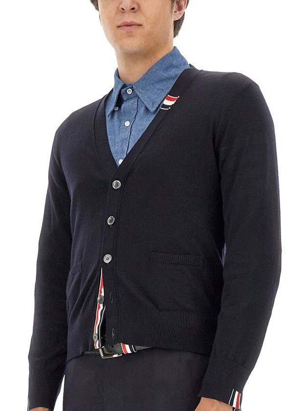 Men's Jersey Stitch V-Neck Cardigan Navy - THOM BROWNE - BALAAN 4