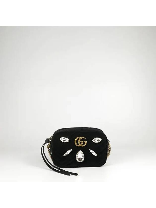 448065 Black velvet gold plated GG Marmont crystal embellished mini crossbody bag - GUCCI - BALAAN 2