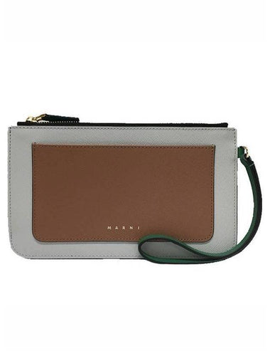 Color Block Saffiano Handle Pouch Bag Brown Grey - MARNI - BALAAN 1