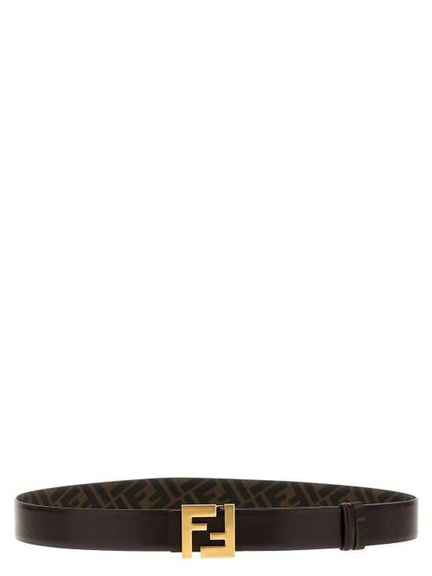 FF Square Buckle Reversible Leather Canvas Belt Brown - FENDI - BALAAN 2