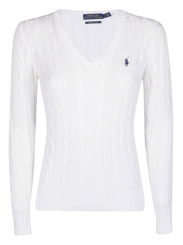 V-Neck Embroidered Pony Cable Knit Top White - POLO RALPH LAUREN - BALAAN 1