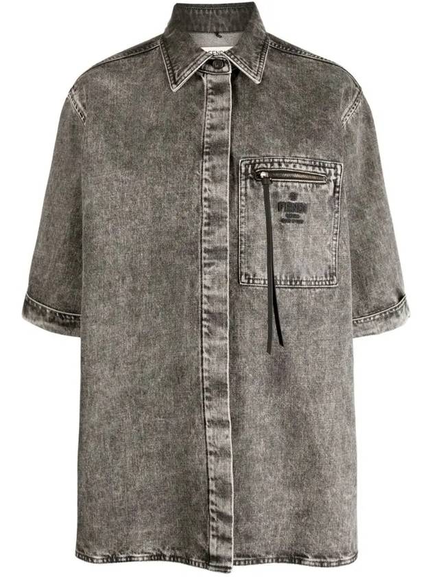 Pocket Signature Denim Short Sleeve Shirt Grey - FENDI - BALAAN 2