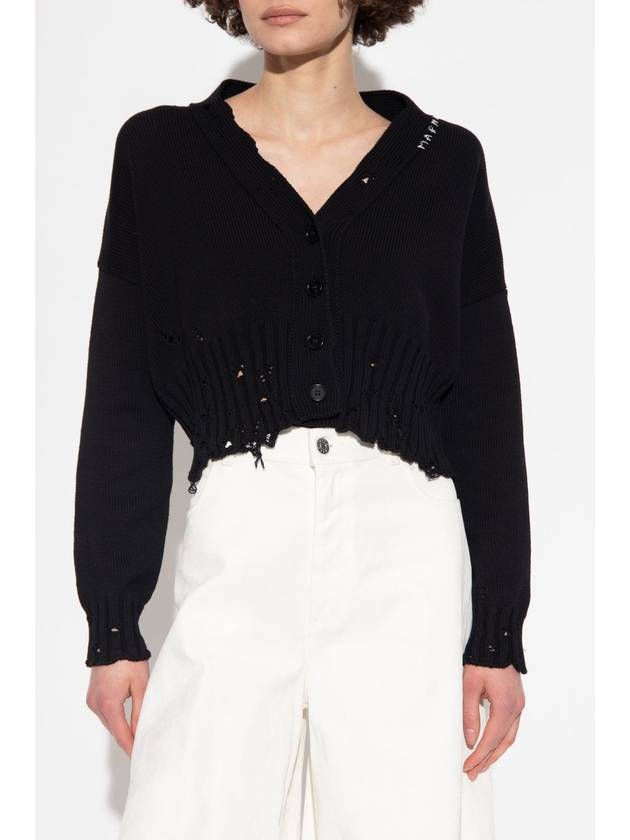 Embroidered Logo Distressed V-Neck Crop Cardigan Black - MARNI - BALAAN 4