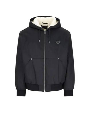 Triangle Logo Re-Nylon Zip Up Hoodie Black - PRADA - BALAAN 1