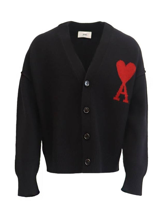 Heart Logo V Neck Wool Cardigan Black - AMI - BALAAN 2