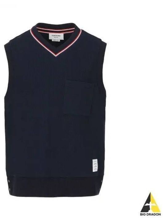 Logo Patch Ribbed Vest Navy - THOM BROWNE - BALAAN 2