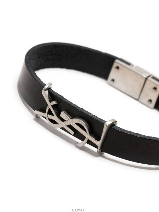 Opyum Silver Logo Leather Bracelet Black - SAINT LAURENT - BALAAN 4