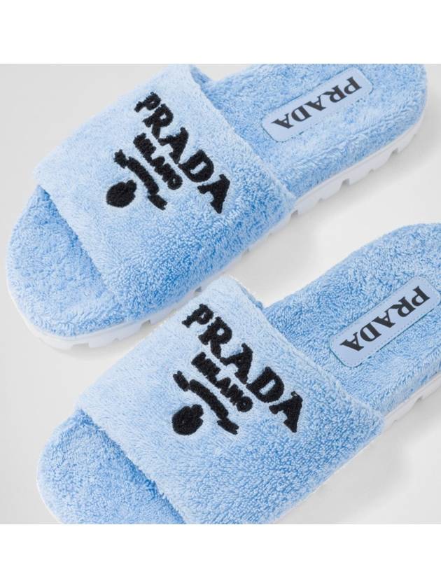 Embroidered Logo Terry Fur Slippers Blue - PRADA - BALAAN 4