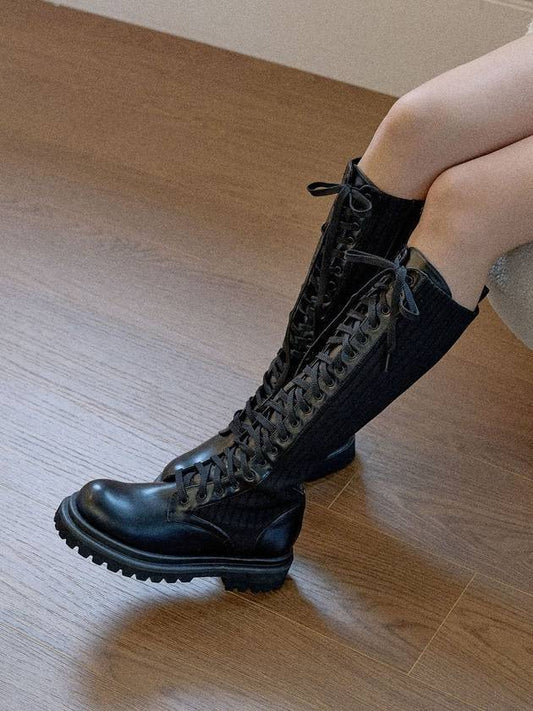 Lena knit lace-up long boots black - SHOEHI - BALAAN 1