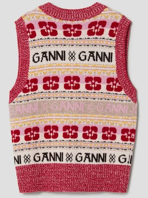 V-neck Logo Graphic Wool Blend Vest - GANNI - BALAAN 8