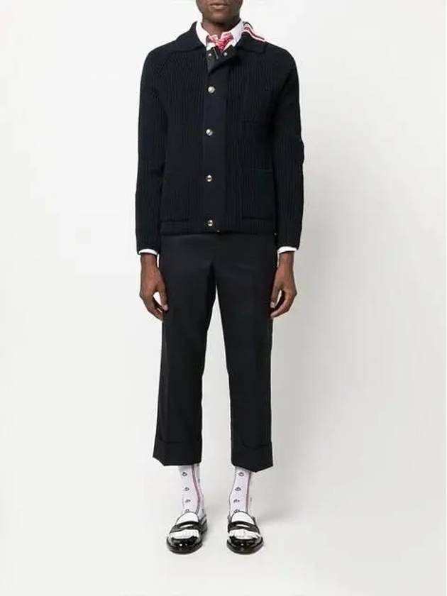 Striped Raglan Stitched Cotton Cardigan Navy - THOM BROWNE - BALAAN 6