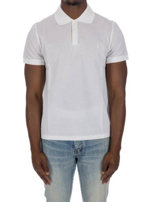 Men's Monogram Cotton Short Sleeve Polo Shirt White - SAINT LAURENT - BALAAN 7