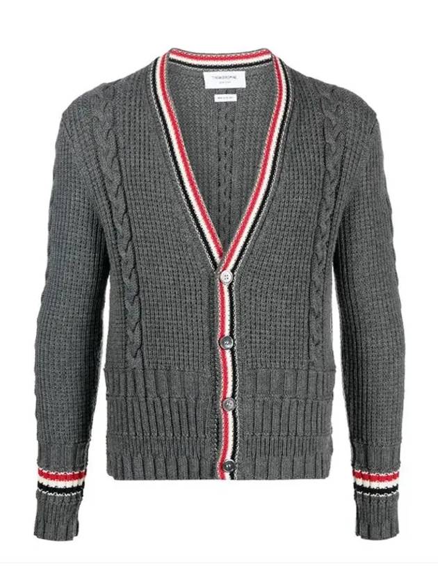 Cable Stripe Classic V-neck Merino Wool Cardigan Grey - THOM BROWNE - BALAAN 2