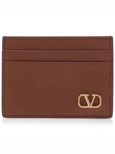 V Logo Signature Leather Card Wallet Brown - VALENTINO - BALAAN 2