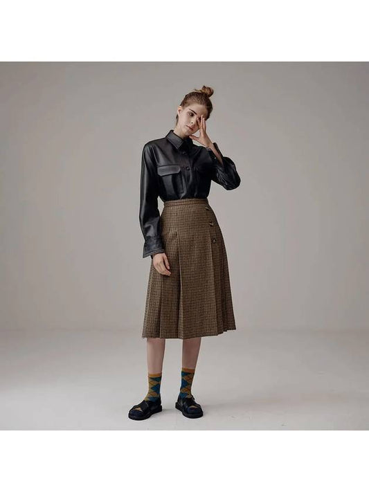 Wool Check Pleated Skirt Brown - VOYONN - BALAAN 2