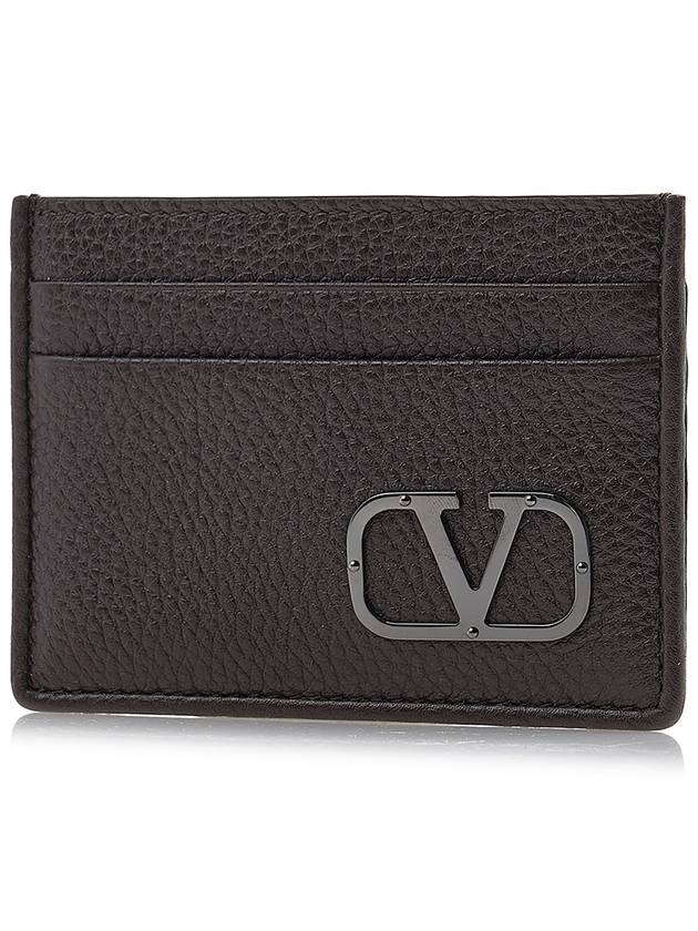 Signature V Logo Leather Card Wallet Brown - VALENTINO - BALAAN 3