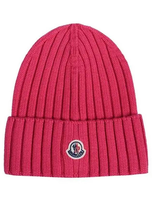 Wool Logo Patch Beanie Pink - MONCLER - BALAAN.