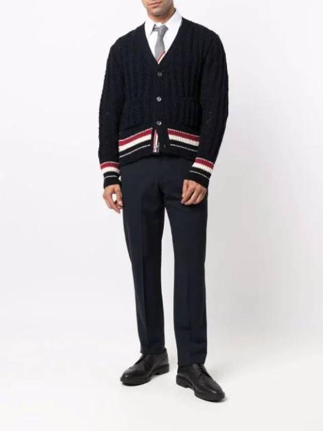 Men's Mix Cable V-Neck Classic Fit Cardigan Navy - THOM BROWNE - BALAAN.