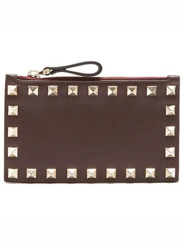 Garavani Rockstud Zipper Leather Black Card Holder Burgundy P0548BOL0CE - VALENTINO - BALAAN 1