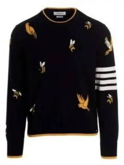 Cotton Merino Birds & Bees Intrasia 4 Bar Crew Neck Pullover Knit Top Navy - THOM BROWNE - BALAAN 2