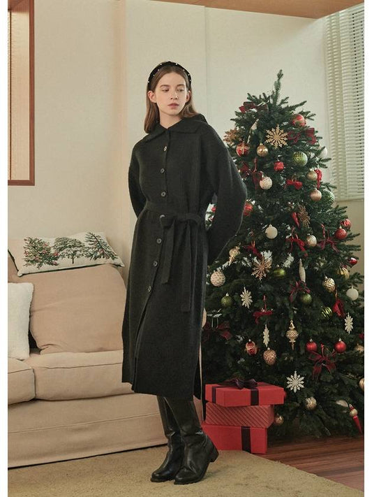 Women's Elegant Wool Long Knit Cardigan Black - MICANE - BALAAN 2