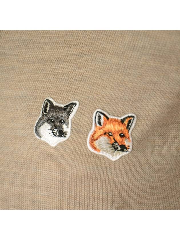 Double Fox Head Patch Round Neck Cardigan Beige Melange - MAISON KITSUNE - BALAAN.