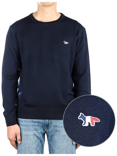 Tricolor Fox Patch Classic Round Neck Knit Top Navy - MAISON KITSUNE - BALAAN 2