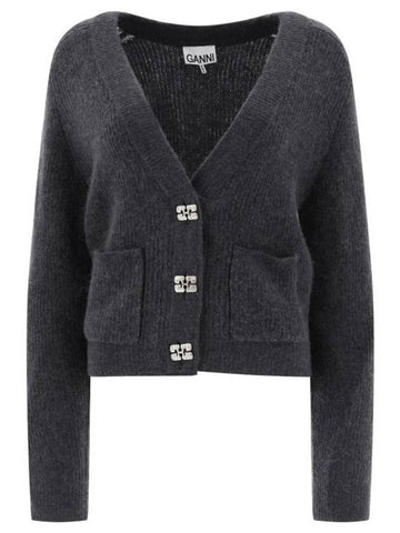 Women's Butterfly Jewel Button Cardigan Grey - GANNI - BALAAN 1