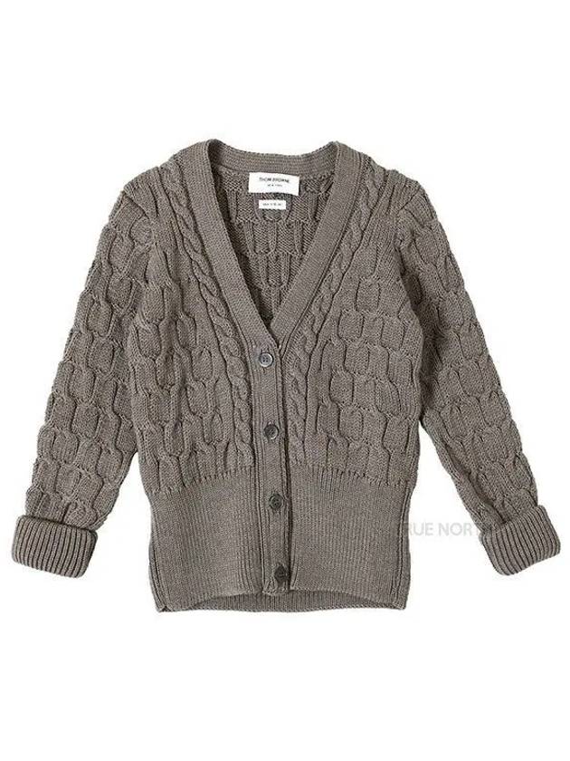 Merino Wool Crisscross Cable Stitch 3/4 Sleeve V-Neck Cardigan Medium Brown - THOM BROWNE - BALAAN 2