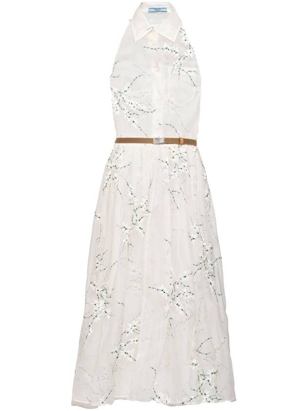 Floral Embroidered Silk Midi Dress White - PRADA - BALAAN 2