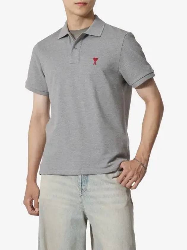 Men's Heart Logo Polo Shirt Heather Grey - AMI - BALAAN 2