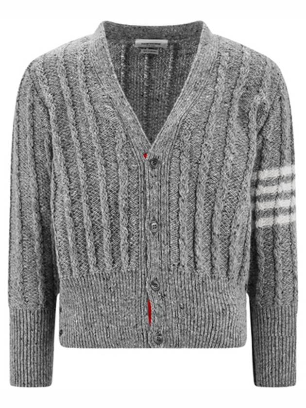 Donegal Twist Cable 4 Bar Classic V Neck Cardigan Light Grey - THOM BROWNE - BALAAN 2