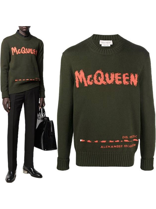 Graffiti Crew Neck Knit Top Khaki - ALEXANDER MCQUEEN - BALAAN.