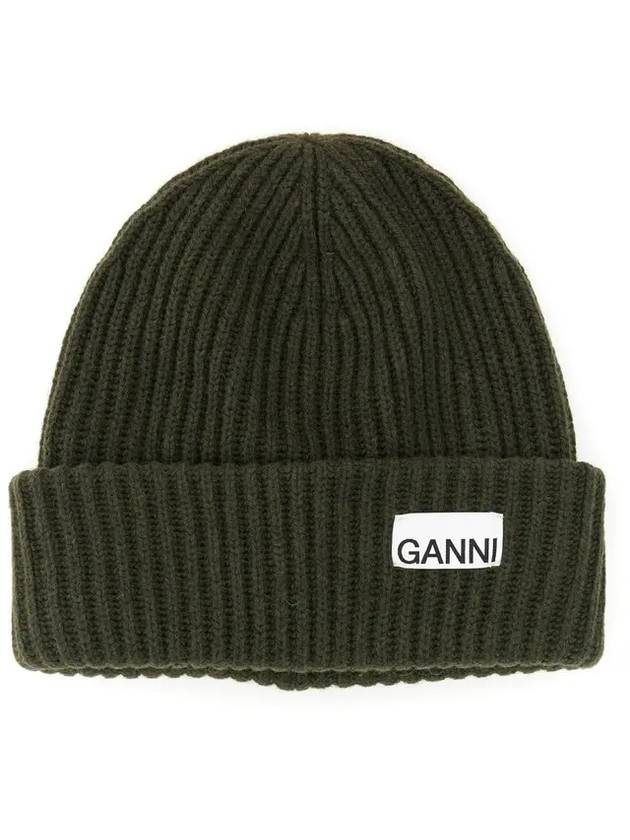 Logo Patch Knit Beanie Green - GANNI - BALAAN.