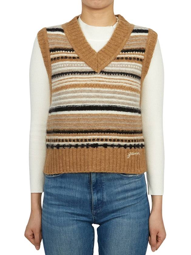 Striped Soft Wool Knit Vest Brown - GANNI - BALAAN 4