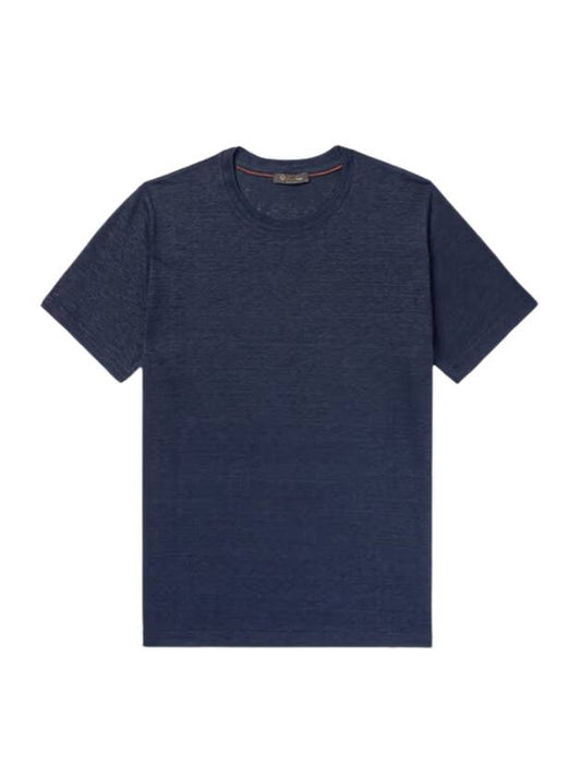 Crew Neck Linen Short Sleeve T-shirt Blue - LORO PIANA - BALAAN 1