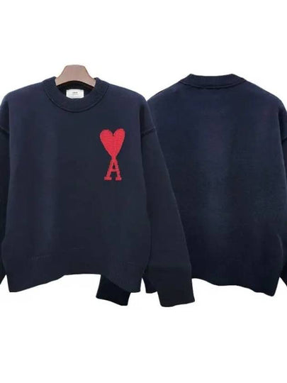 Big Heart Logo Wool Knit Top Navy - AMI - BALAAN 2