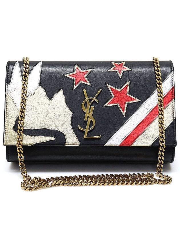 Saint Laurent 364051 Black Calfskin Gold Chain Rockstar Patchwork Kate Small Shoulder Bag - SAINT LAURENT - BALAAN 1