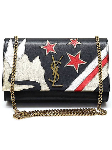 Saint Laurent 364051 Black Calfskin Gold Chain Rockstar Patchwork Kate Small Shoulder Bag - SAINT LAURENT - BALAAN 1