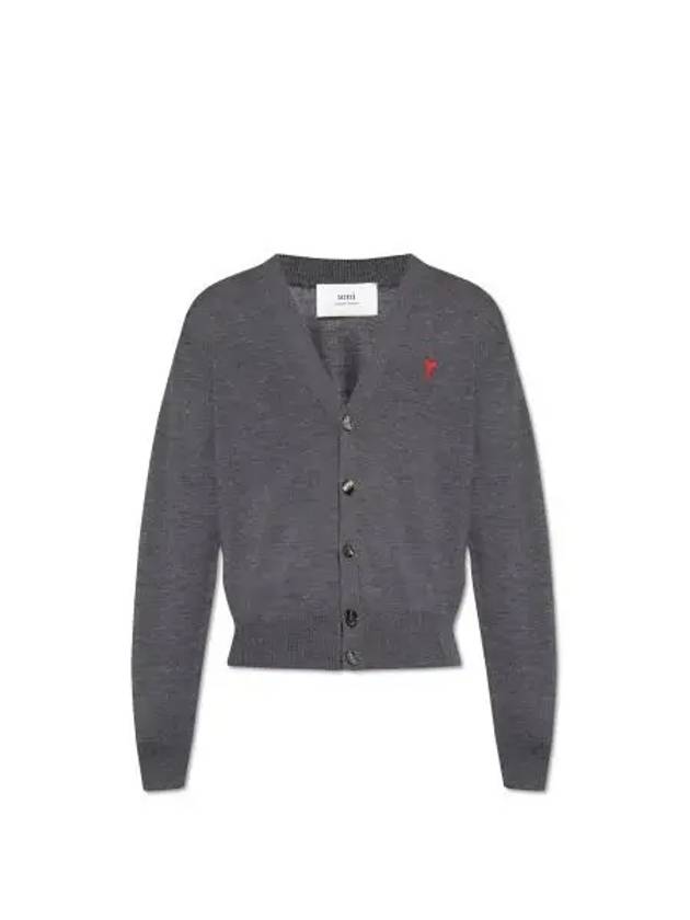 Red Heart Logo Merino Wool Cardigan Heather Grey - AMI - BALAAN 2