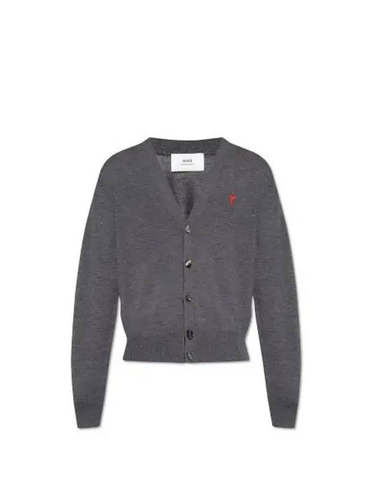 Red Heart Logo Merino Wool Cardigan Heather Grey - AMI - BALAAN 2