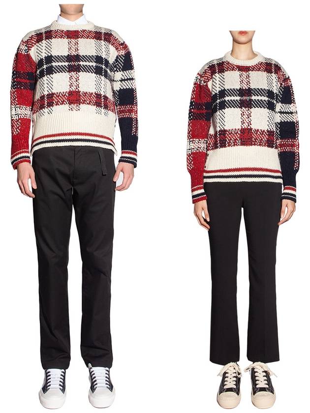 Tartan Check Jacquard Wool Mohair Knit Top Red Beige - THOM BROWNE - BALAAN 5