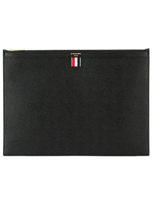 Pebble Grain Leather Large Zipper Laptop Holder Black - THOM BROWNE - BALAAN