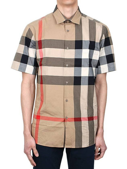 Men's Check Motif Cotton Short Sleeve Shirt Beige - BURBERRY - BALAAN 2