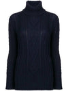 Women's Stripe Aran Cable Turtleneck Navy - THOM BROWNE - BALAAN 1