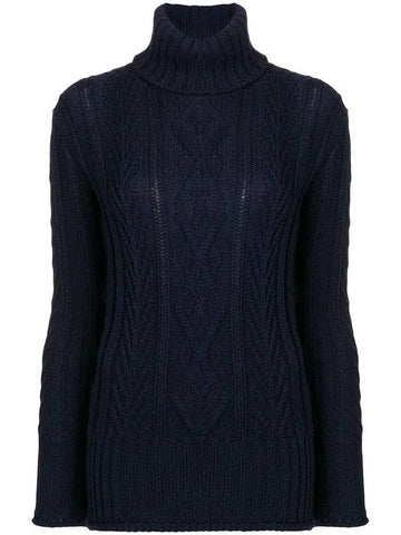 Women's Stripe Aran Cable Turtleneck Navy - THOM BROWNE - BALAAN 1